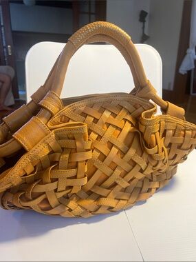 Woven Genuine Leather Tote Bag in Tan